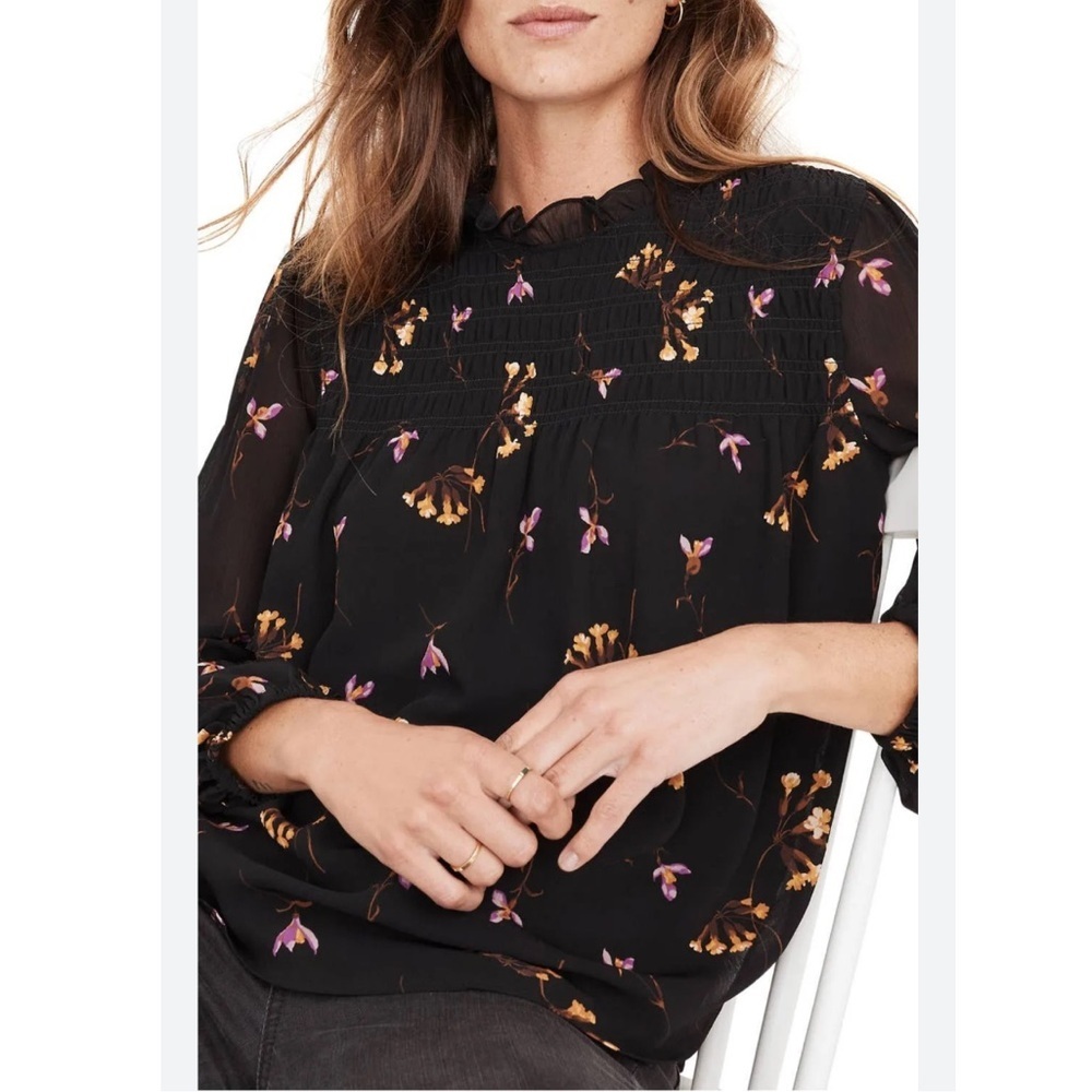 Madewell Black Floral Smocked Yoke Blouse